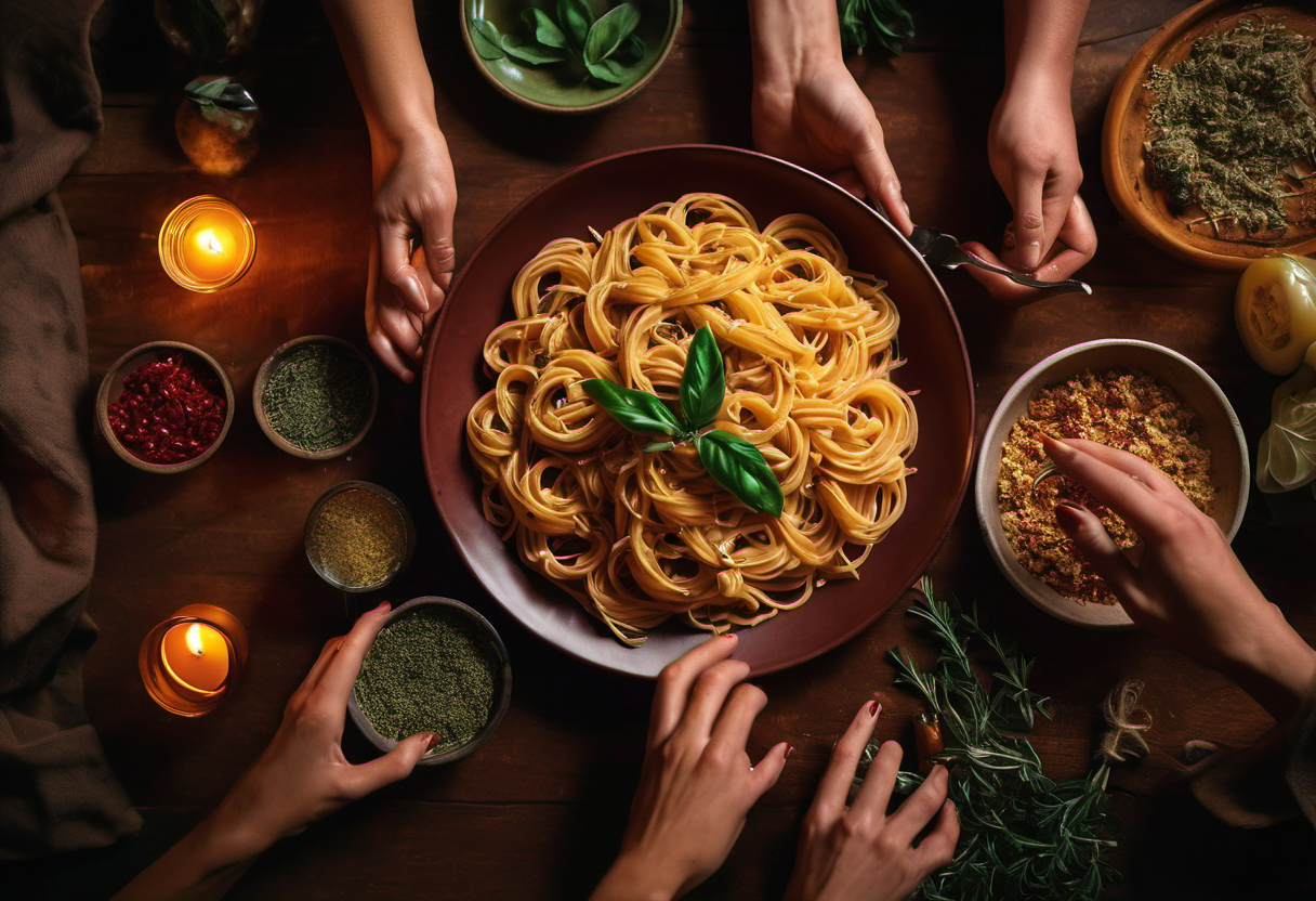 hands sharing a large rustic terracotta plate of pasta at a warm wooden table